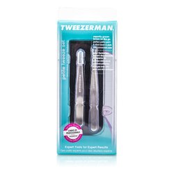 Tweezerman Zestaw małych pęset Petite Tweeze Set: Pęseta skośna + Pęseta ostra - (With Black Leather Case) 2 sztuki