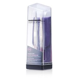 Tweezerman Set Pensete Micuțe: Pensetă Oblică + Pensetă Ascuțită - Cu Casetă de Piele de Culoarea Lavandei (Colecția Studio) 2pcs