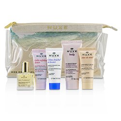 Nuxe مجموعة أساسيات My Beauty: جل مقشر لطيف + كريم مرطب لمدة 48 ساعة + زيت جاف متعدد الاستعمالات + كريم لليدين والأظافر + جل دش + محفظة 5pcs+1bag