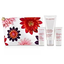Clarins Body Care Collection: Moisture-Rich Body Lotion 200ml+ Exfoliating Body Scrub 30ml+ Hand & Nail Treatment Cream 30ml 3pcs+1bag