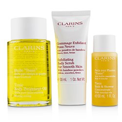 קלרינס Home Pampering Set: Tonic Body Treatment Oil 100ml+ Exfoliating Body Scrub 30ml+ Tonic Bath & Shower Concentrate 30ml 3pcs