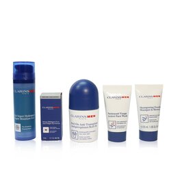 Clarins Kit de Viaje Exclusivo Men Grooming Essentials For Men: Gel Hidratante 50ml + Jabón Facial 30ml + Suero de Ojos 3ml + Antitranspirante en Roll-On 50ml + Champú & Ducha 30ml 5pcs+1bag