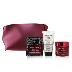 Apivita Wine Elixir Firmness & Lifted Contours Set: Lift Rich Cream 50ml+ Cleansing Milk 50ml+ Grape Face Mask 2x8ml 3pcs+1bag