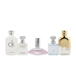 Calvin Klein مجموعة سفر عطرية ديلوكس: CK One ماء تواليت 10مل + CK One Gold ماء تواليت 10مل + Eternity أو دو برفوم 5مل + Eternity Air أو دو برفوم 5مل + Euphoria أو دو برفوم 4مل (علبة متضررة قليلاً) 5pcs