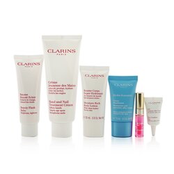 Clarins Weekend Essentials: Hand & Nail Treatment+ Beauty Flash Balm+ Body Lotion+ Hydra-Essentiel Cream+ Eye Contour Gel+ Lip Oil... 6pcs+1bag