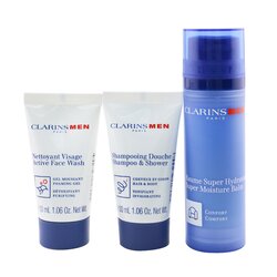 קלרינס Men Hydration Essentials Set: Super Moisture Balm 50ml + Active Face Wash 30ml + Shampoo & Shower 30ml סט לחות לגבר 3pcs