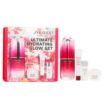 Shiseido Ultimate Hydrating Glow Set: Ultimune Power Infusing Concentrate 30ml + Moisturizing Gel Cream 10ml + Eye Concentrate 5ml + SPF 42 Sunscreen 7ml 4pcs