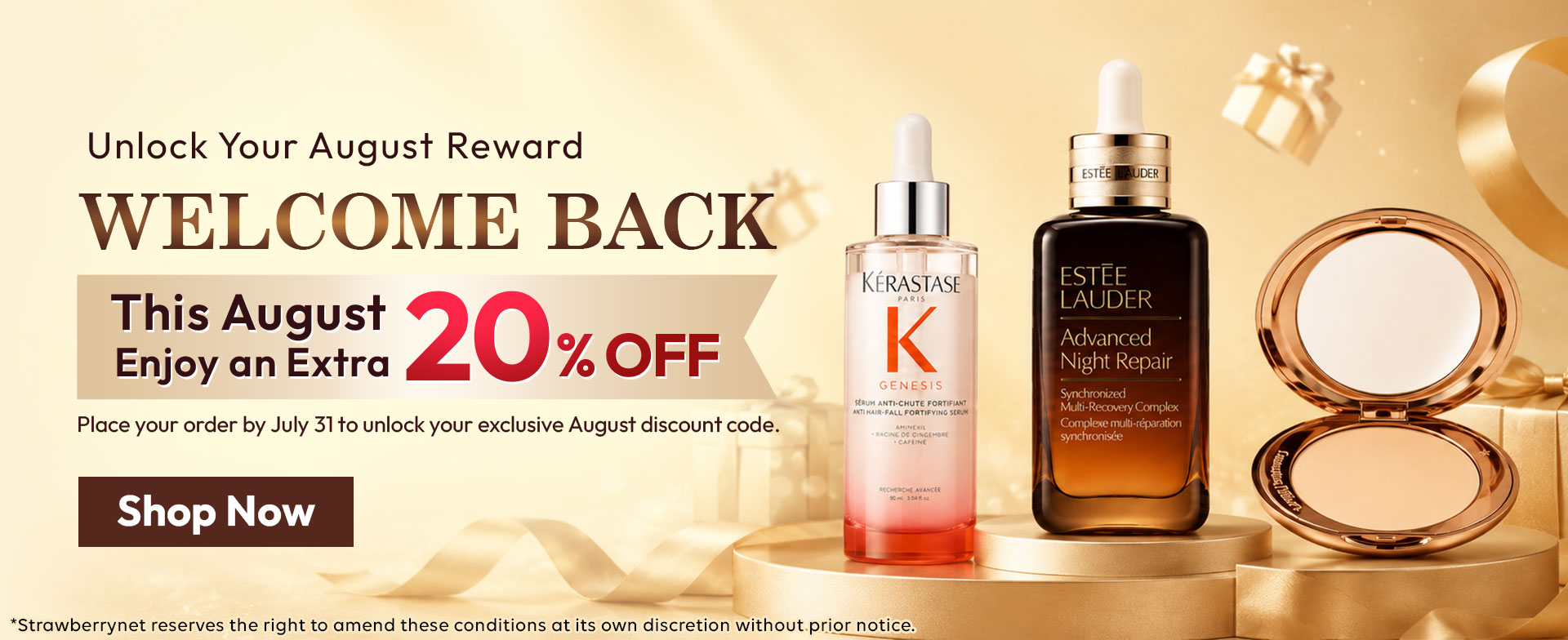 WELCOME BACK campaign banner with August discount code reward for selected Strawberrynet stores.