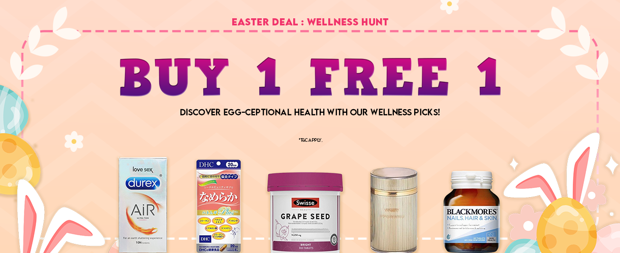A basket filled with colorful Easter eggs, surrounded by bottles of health supplements. Easter Campaign: Buy 1, Get 1 Free on Selected Health Items!
